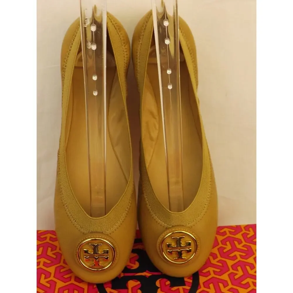 NIB TORY BURCH CAROLINE 2 DARK SAND LEATHER GOLD REVA NELLIE BALLET FLATS 7.5